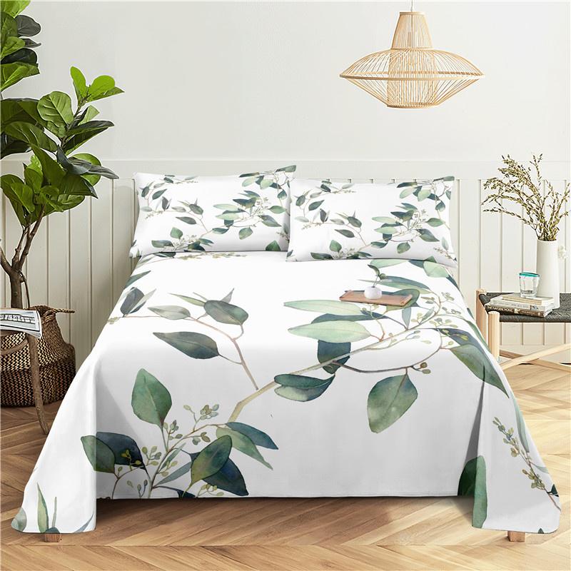 Green Leaves 0.9/1.2/1.5/1.8/2.0m Digital Printing Small Fresh Polyester Bed Sheet With Pillowcase Print Bedding Set