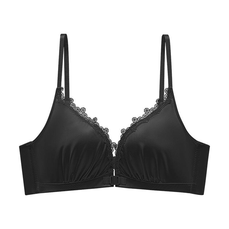Light French satin front buckle underwear female sexy hollow back no steel ring small chest gathering top support bra set