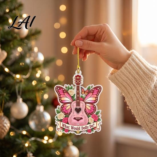 Decorative Guitar for Trees Pink Butterfly Ornament Acrylic Music Hanging Decor with Rose Holiday Tree Charms And Quote Christmas Pendant,