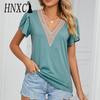 Женские модные повседневные летние однотонные блузки и рубашки с v-образным вырезом и короткими рукавами с принтом