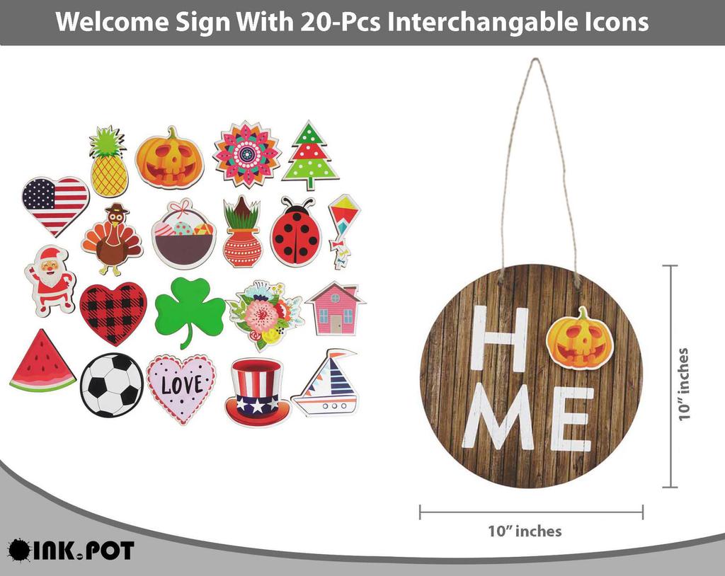 Inkdotpot Welcome Sign Front Door Decorations Hanging Rustic Wood Seasonal Holiday Ornaments Housewarming GiftWall Hanging 10" Inches