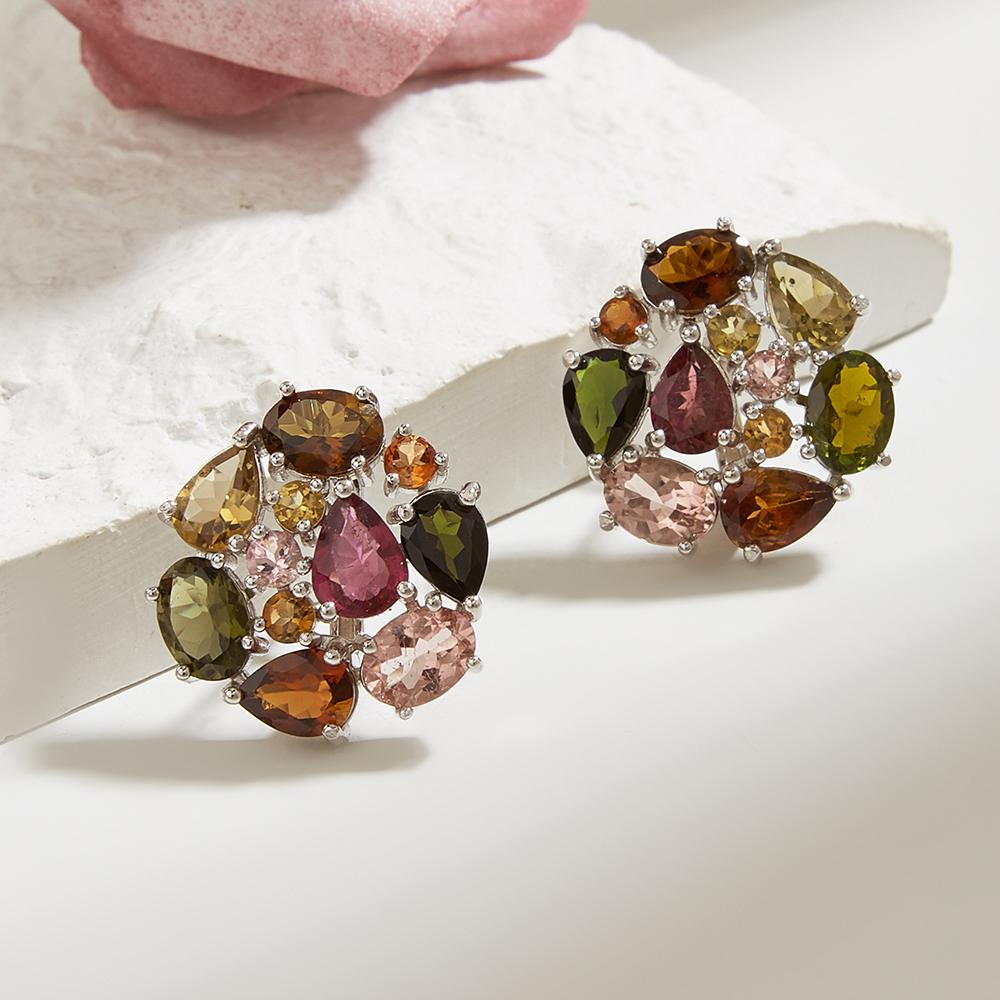 925 Sterling Silver Light Luxury Multi-colored Natural Tourmaline Ring Earrings Summer New Women Anniversary Party Wedding Gift