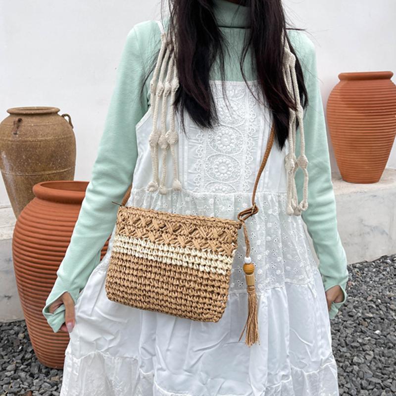 Yogodlns Женская летняя пляжная сумка через плечо с выемкой, большая вместимость, плетеная соломенная дорожная сумка с регулируемым ремешком, сумка через плечо