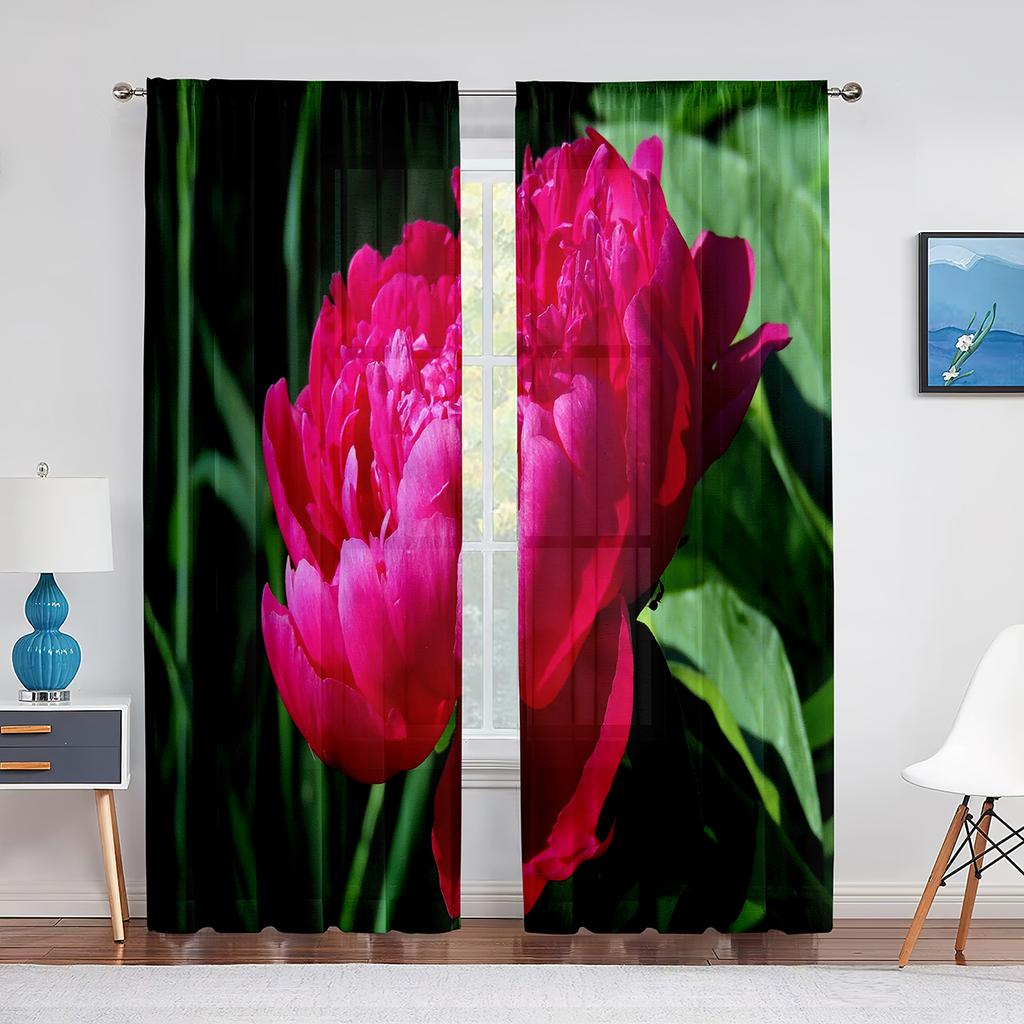 Тюлевые шторы с розовым пионом и зелеными листьями для гостиной, украшения дома, оконная занавеска, кухонная прозрачная занавеска из вуали