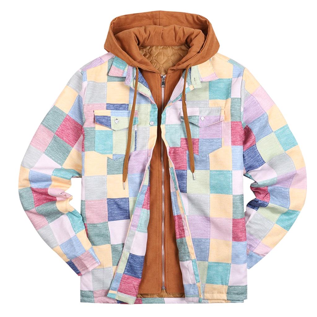 Men's Quilted Lined Button Down Plaid Shirt Add Velvet To Keep Warm Jacket With Hood