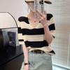 Women's Knitted T-shirt V-neck Hollow Stripe Summer Thin Ice Silk Short Sleeve Top