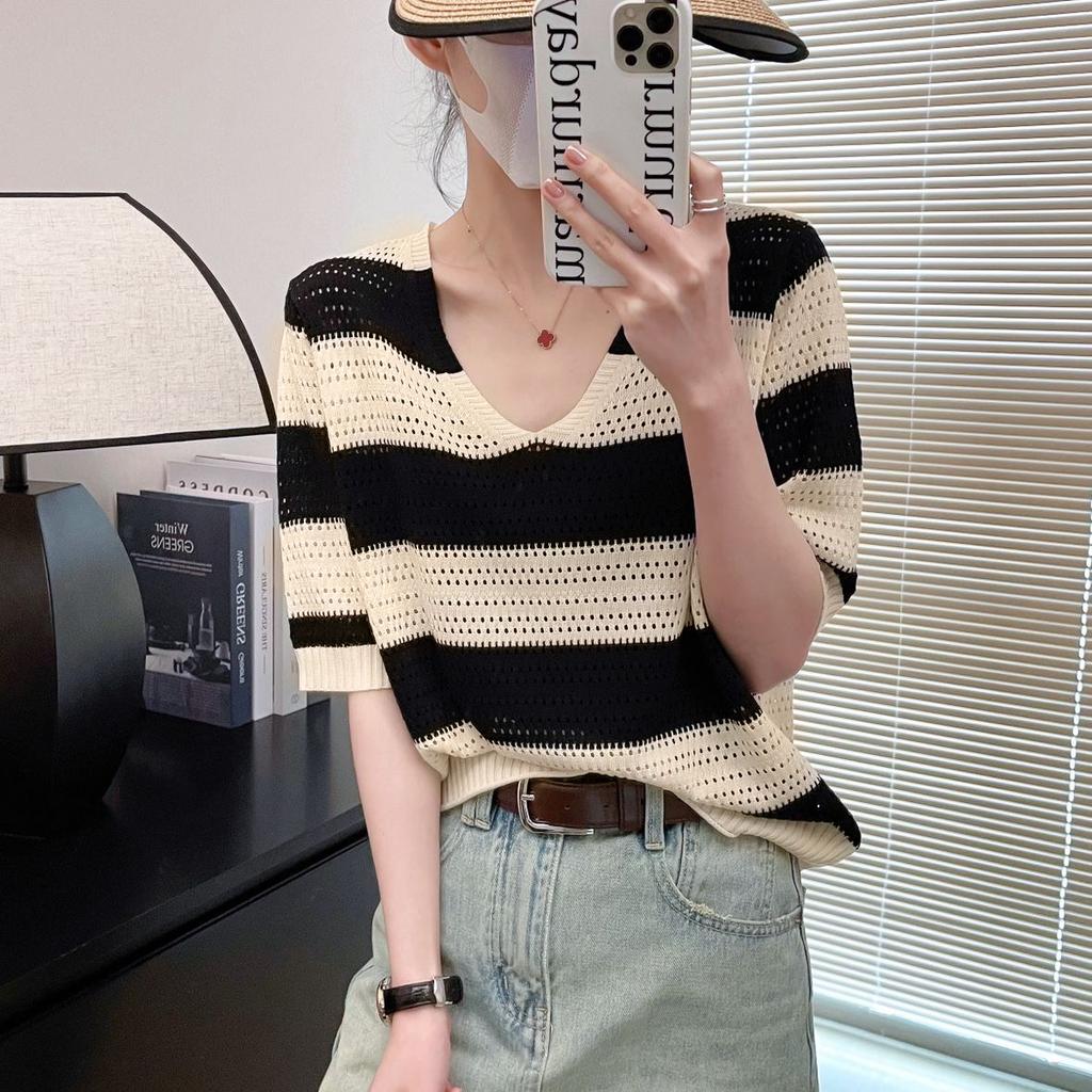 Women's Knitted T-shirt V-neck Hollow Stripe Summer Thin Ice Silk Short Sleeve Top
