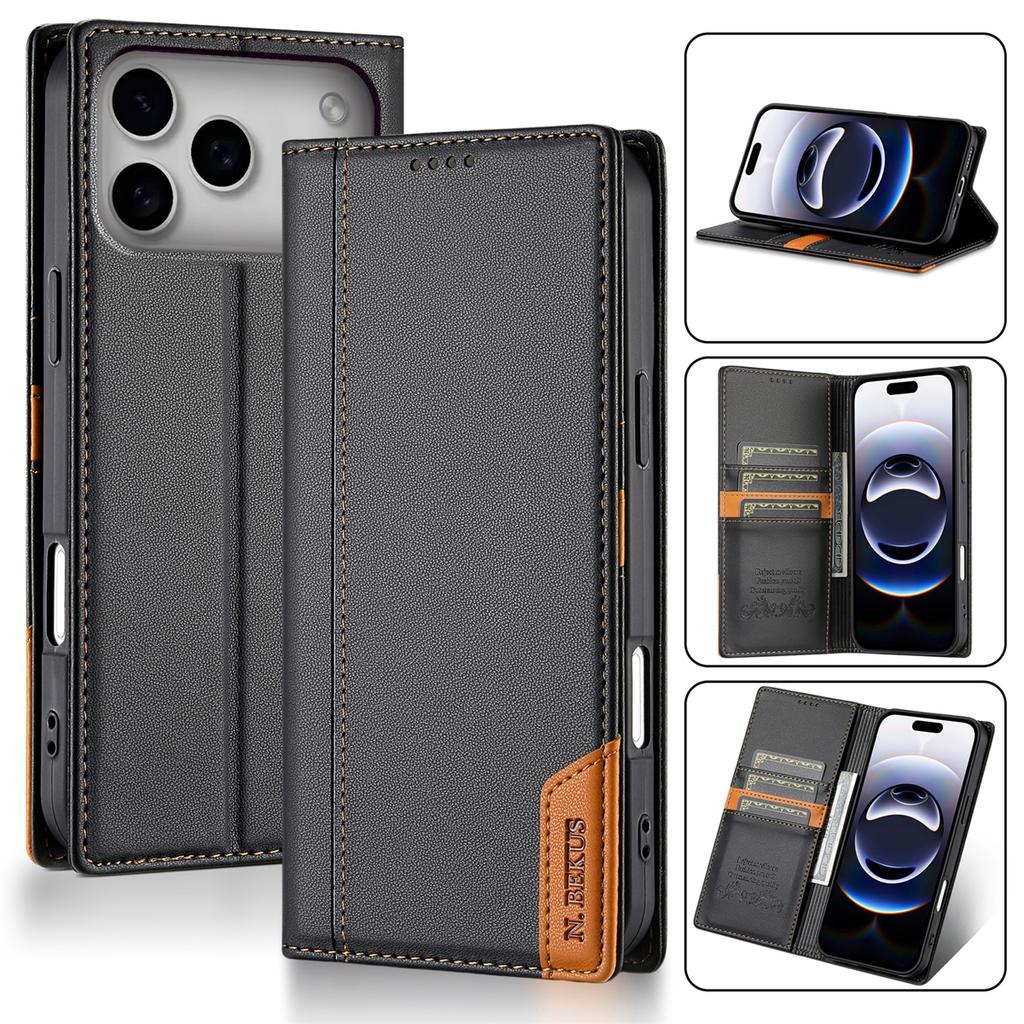 Wallet Double Hem Stitching With Card Slot RFID Blocking Flip Leather Case For iPhone Air 17 Pro Max 16e 15 Plus 14 13 12 11 XR
