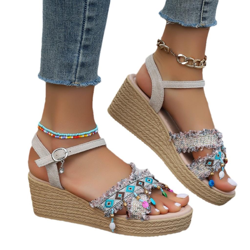 Большие летние сандалии-кроссовки в этническом стиле Модная обувь Босоножки на танкетке с толстой подошвой