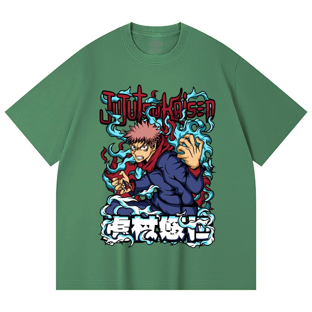 230 г/м² 100% хлопок Jujutsu Kaisen V50 Принт Юдзи Унисекс Тяжелая хлопковая футболка