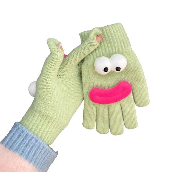 Забавные мультяшные вязаные перчатки, милые перчатки с большими глазами, теплые перчатки, зимние ребристые перчатки с сенсорным экраном для вождения, поездок на работу, езды на велосипеде, повседневных дел