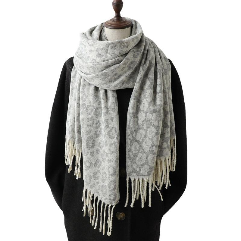 Fashion Leopard Print Jacquard Imitation Cashmere Scarf Simple Versatile Warm Scarf Women'S Fringed Shawl