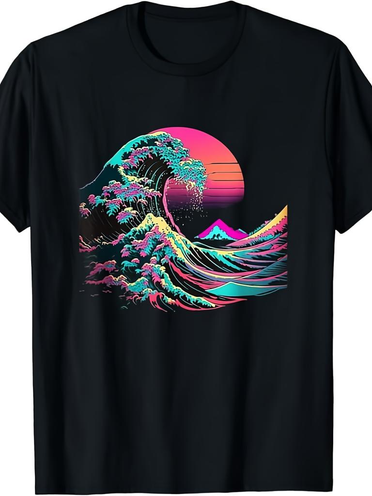 JOY Vaperwave Aesthetic Glitch Great Wave Retrowave Synthwave T-Shirt | Same Style for Men And Women, 2025 Summer, Short-Sleeved, Printed, Pu