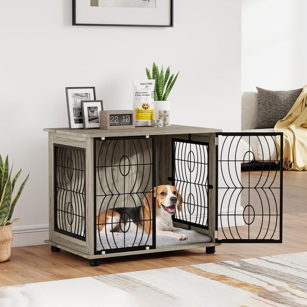 Indoor Dog Crate Furniture End Table With Plush Washable Cushion Lockable Door For Medium Dogs