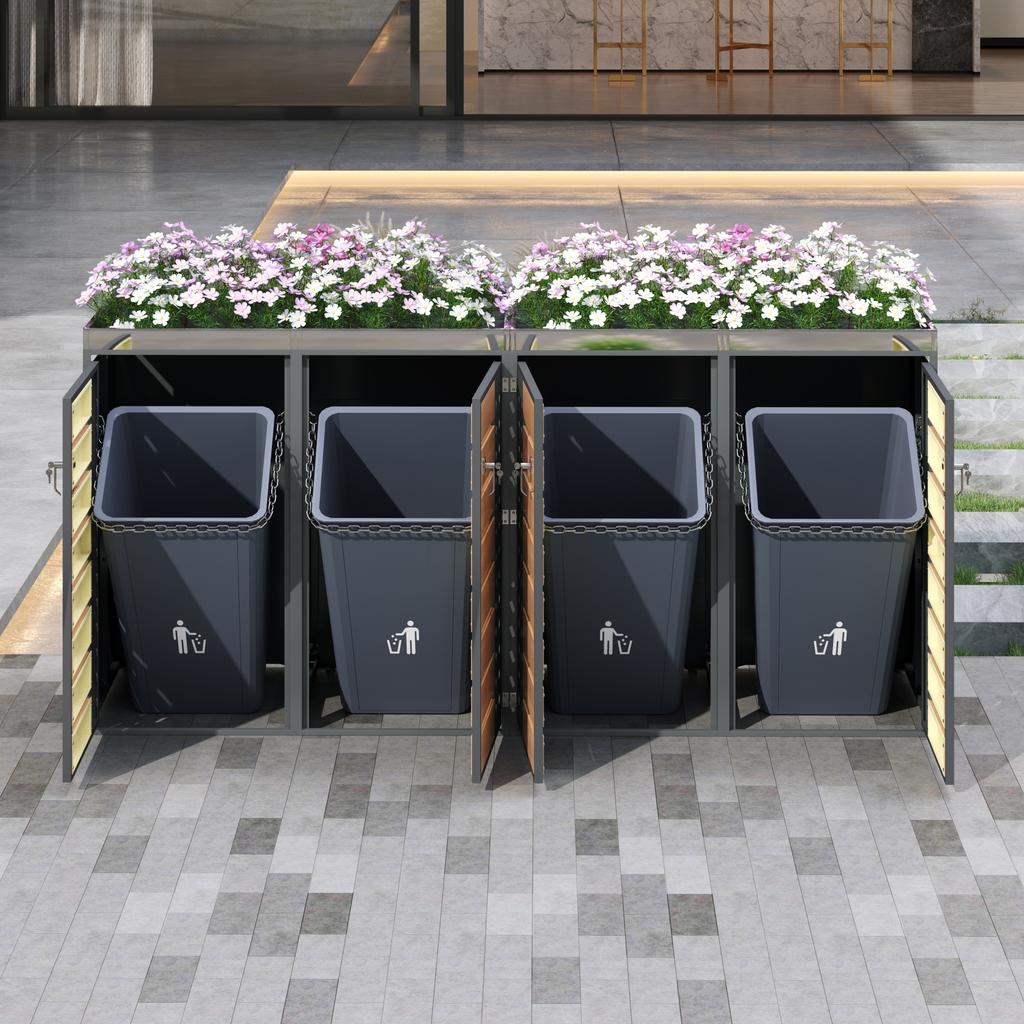 Trash can box, horizontal wood-grain panels, trash storage compartments, lockable, four doors, planting area, diamond-shaped hollow door panel