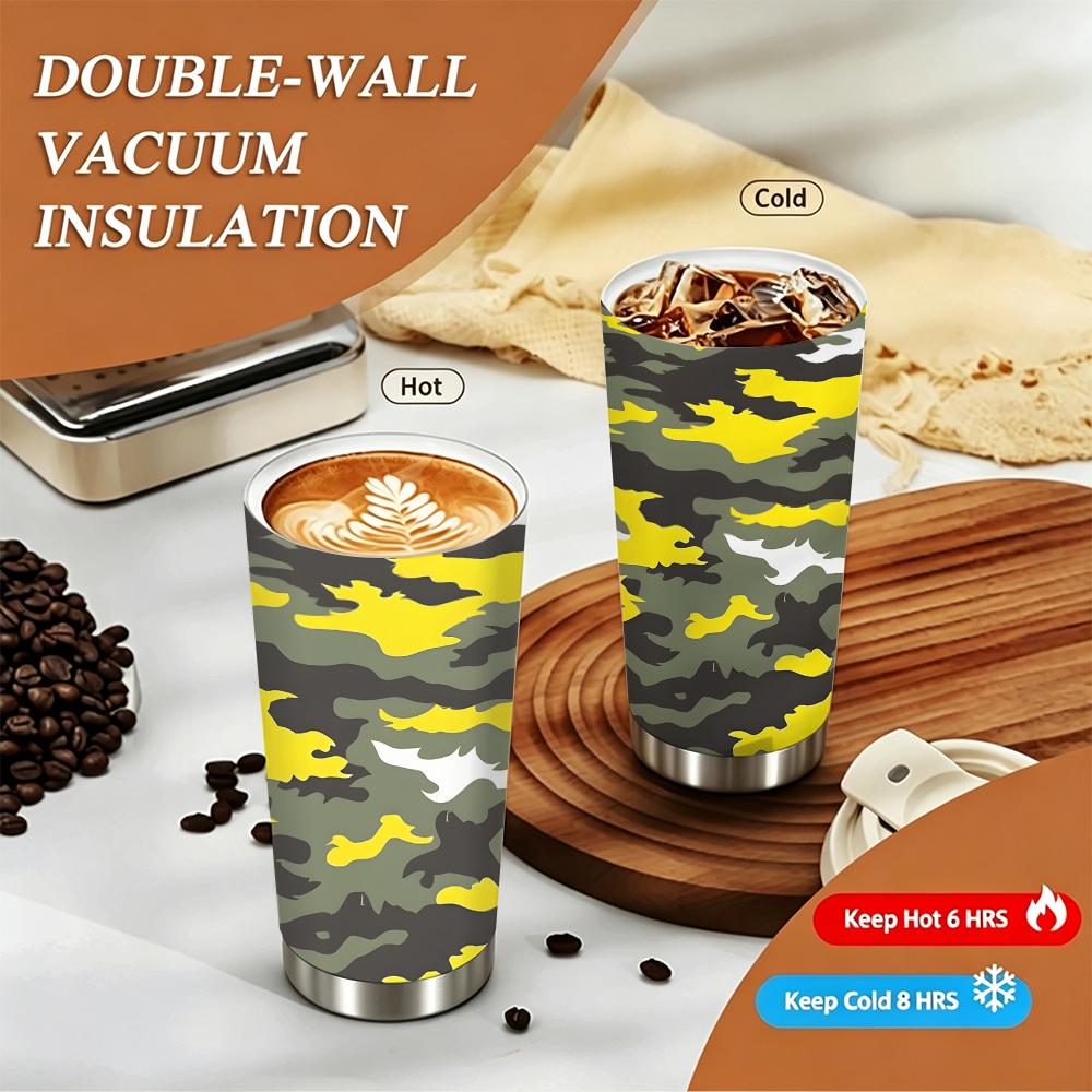 Yellow Camouflage Style Print Insulated Coffee Tumbler, Vacuum Stainless Steel Travel Mug, Leakproof Reusable Cup for Outdoor Hiking
