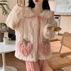 Pajamas Female Wintertime New Style Cardigan Coral Fleece Strawberry Jacquard Velvet Warm Thickening and Fleecing Loungewear Set