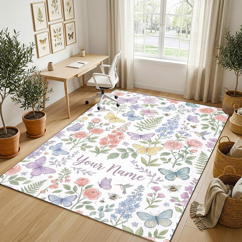Floral Brain Cosmic Theme Soft Crystal Velvet Rug Custom Name & Text Print Non Slip Floor Rug for Bedroom Living Room