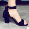 Fashion Thick Heel Sandals Women Summer Wild Large Size High Heel Mid-heel Buckle Sandals Open Toe Flock Pumps Black Shoes 2024