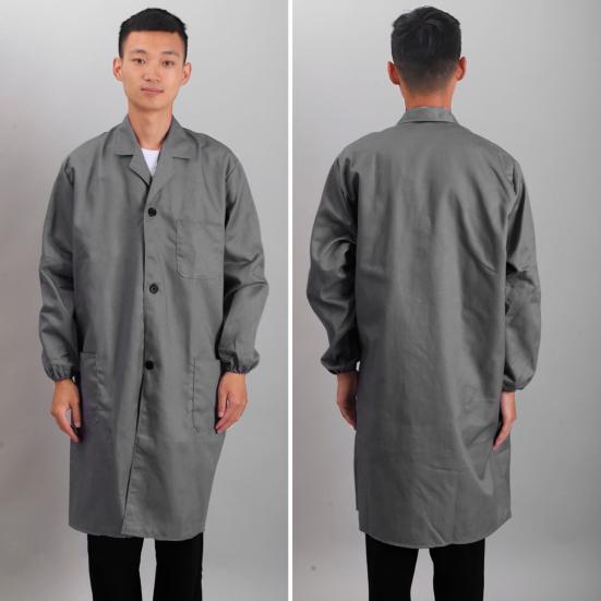 Женское и мужское рабочее пальто с лацканами, длинными рукавами, эластичными манжетами, однотонная моющаяся рабочая куртка с карманом, однобортная верхняя одежда средней длины