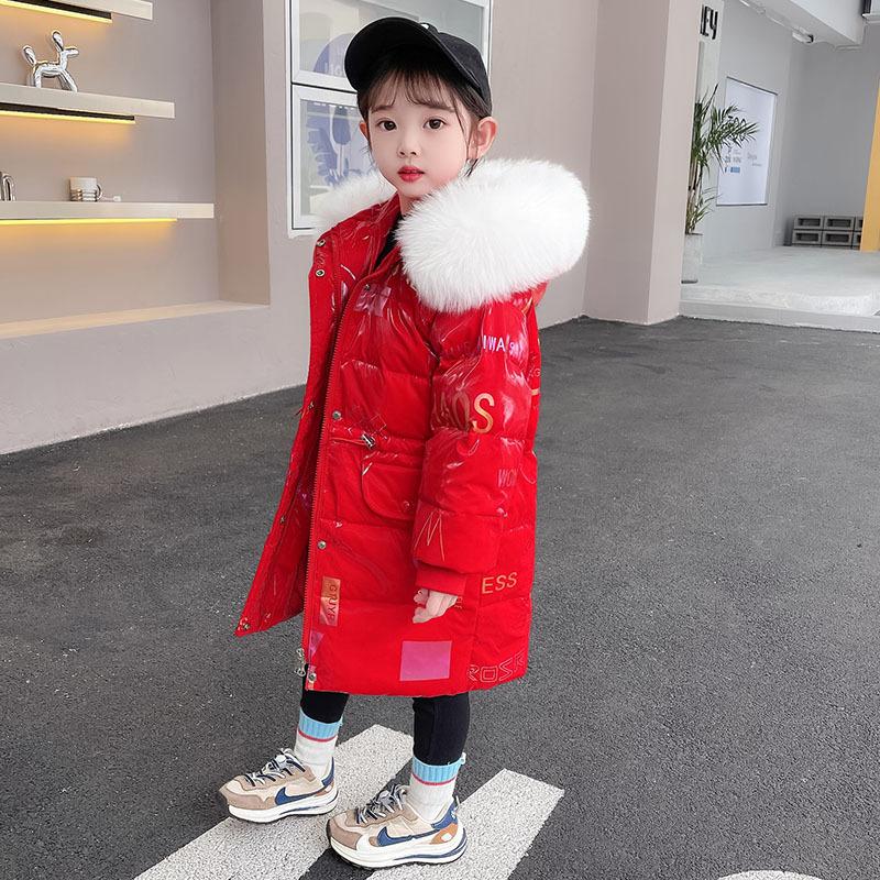 Children's Down Jacket Mid-length Shiny Winter New Style Fashionable Baby Girl Winter White Duck Down Jacket