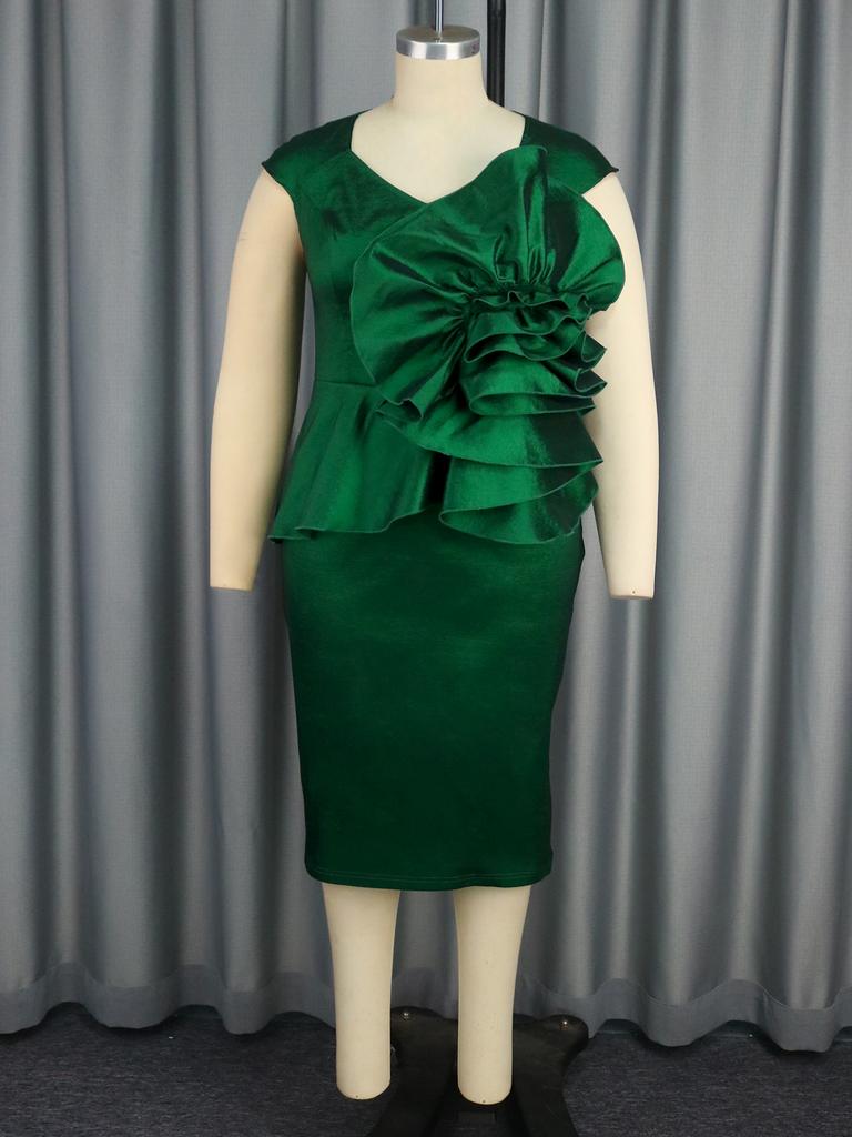 AOMEI Плюс Размер Slim Fit Вечерние Платья Для Женщин V-образный Вырез Без Рукавов 3D Цветок Миди Наряды