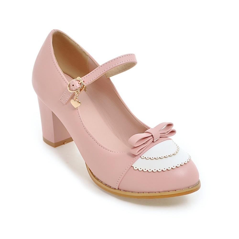 Модные туфли Мэри Джейн Женские туфли-лодочки на высоком каблуке Туфли с бантом Толстый высокий каблук Повседневные женские туфли Розовые chaussures Femme Обувь Лолита 32-43