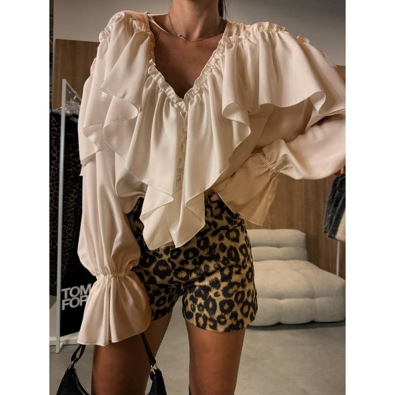 QICED Женские модные повседневные однотонные блузки и рубашки с v-образным вырезом и длинным рукавом с принтом