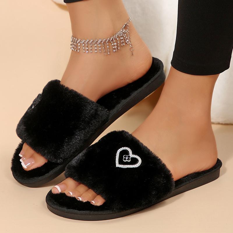 Fashion Crystal Butterfly Decor Fur Slippers for Women Cozy Flat Heels Plush Indoor Slippers Woman Open Toe Non Slip Fluffy House Shoes