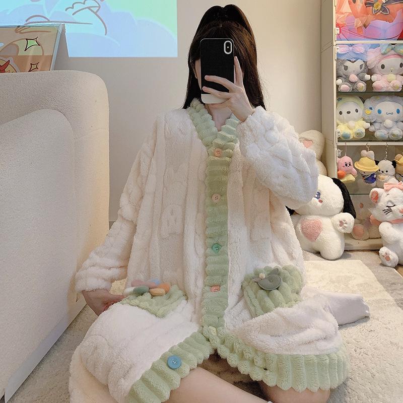 Мягкий кардиган с V-образным вырезом, ночная рубашка, пижама для женщин больших размеров - теплая домашняя одежда из кораллового флиса для осени и зимы