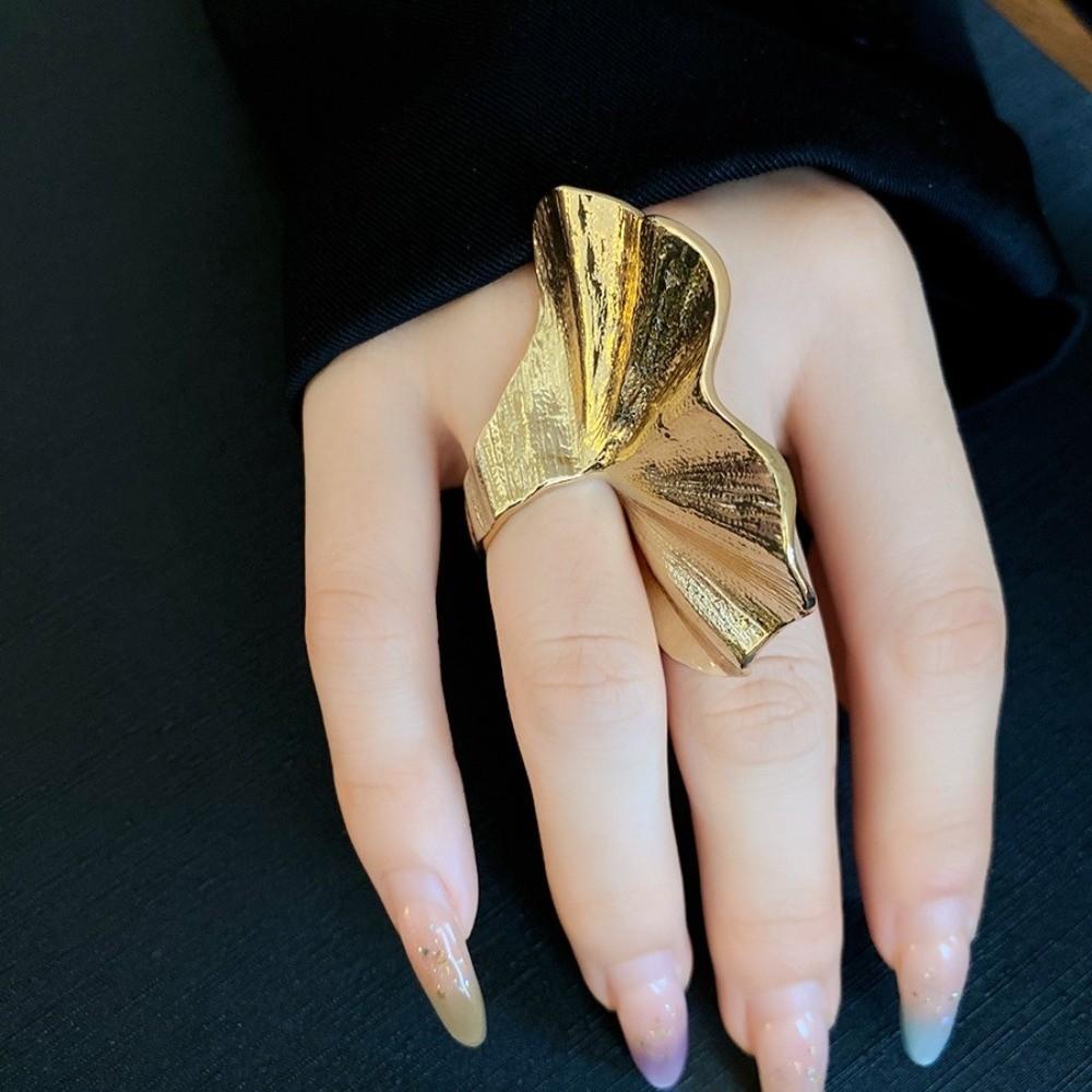 Pleated Design Ginkgo Leaf Ring Boho Style Fan-Shaped Ring Classic Metal Joint Ring Daily