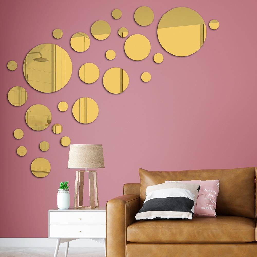 32Pcs Silver Mirror Decals Circle Home Background Decoration 3D Mirror Wall Sticker Living Room