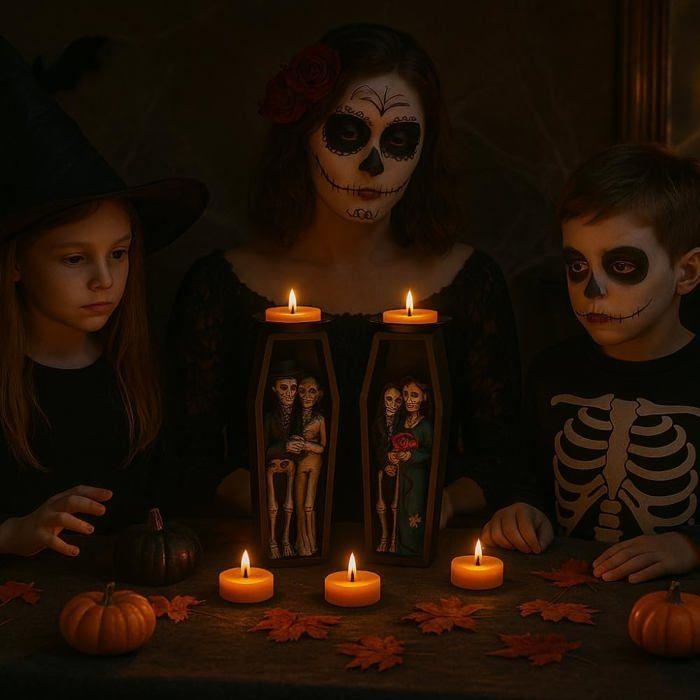 Bougeoir Halloween - SIROCO - Cercueil 18cm - 9 Bougies Parfumées - Céramique - Noir avec Squelettes