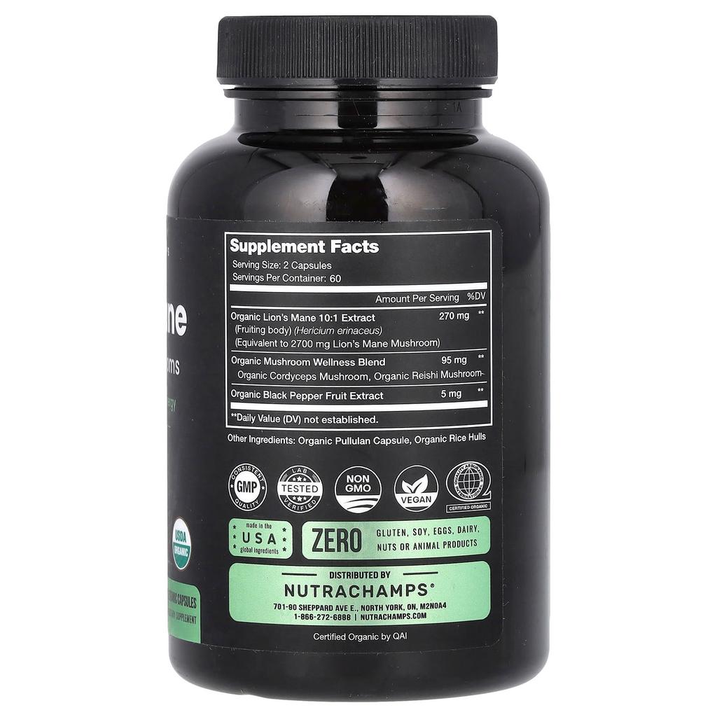 NutraChamps Hericium Mane Mushroom, 120 Organic Capsules