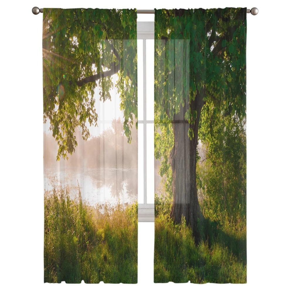 Arbor Tree Lake Landscape Sheer Voile Curtain For Living Room Transparent Tulle Window Curtains For Bedroom Accessories Decor