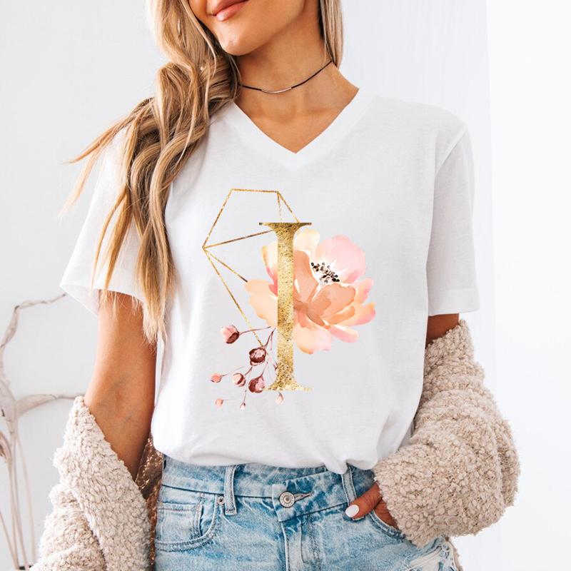 Pink Flower Letters Az Print Tshirt 26 Alphabet Unisexs Vneck Tshirt Flower Letter A B C D Short Sleeve Female Tees Tops