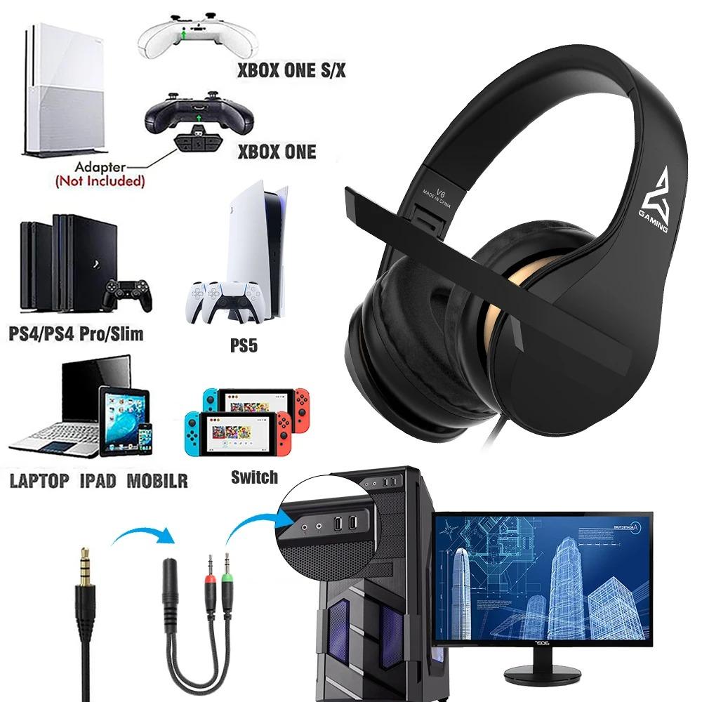 V6 Stero Gaming Headphones with Microphone for Nintendo Switch 3.5mm Cable Bound Gaming Headset for PS4 PC