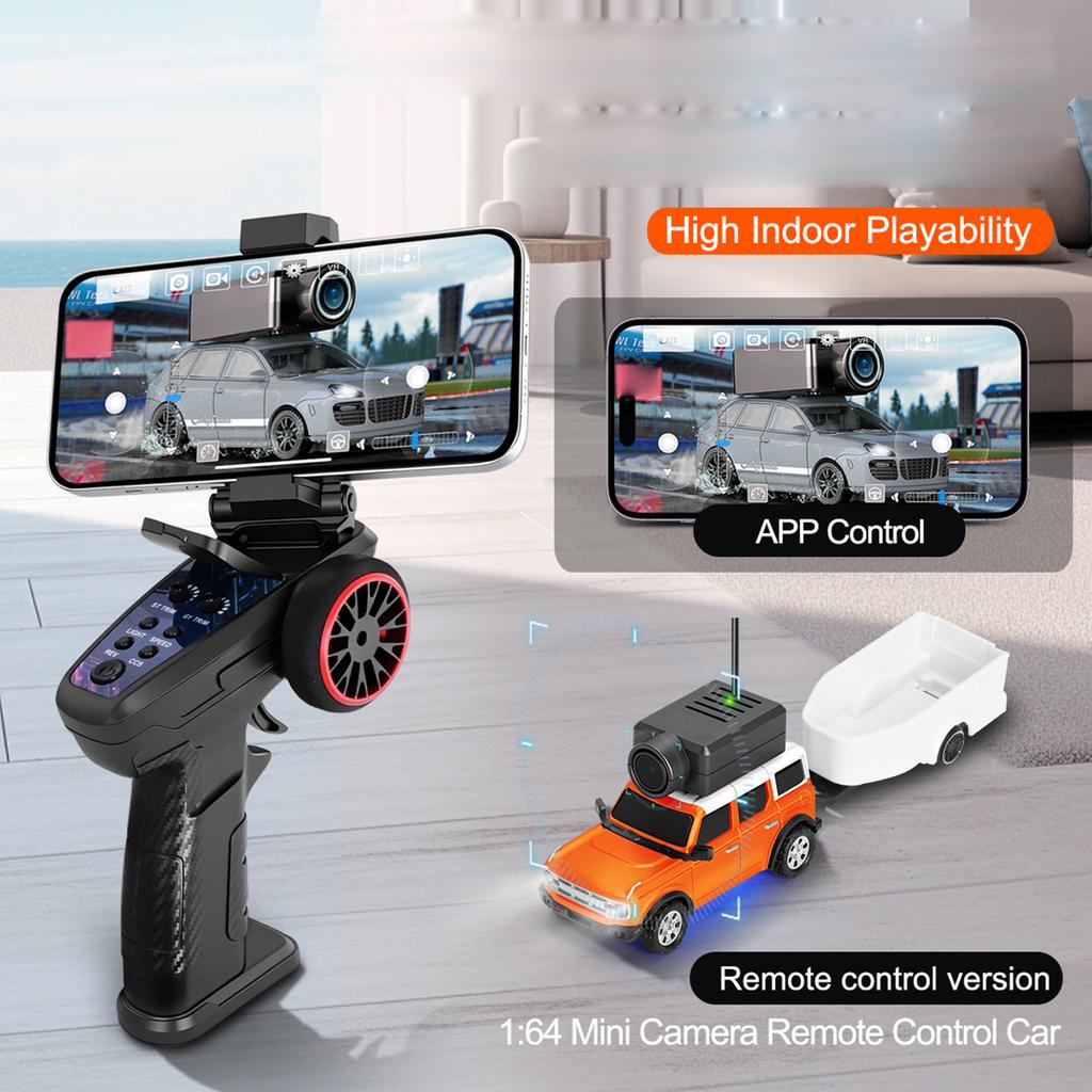 1:64 Mini RC Car, 2.4G FPV Remote Control Toy Car with 720P HD Camera, Gyro, LED Light, APP Controlled Vehicle for Kids