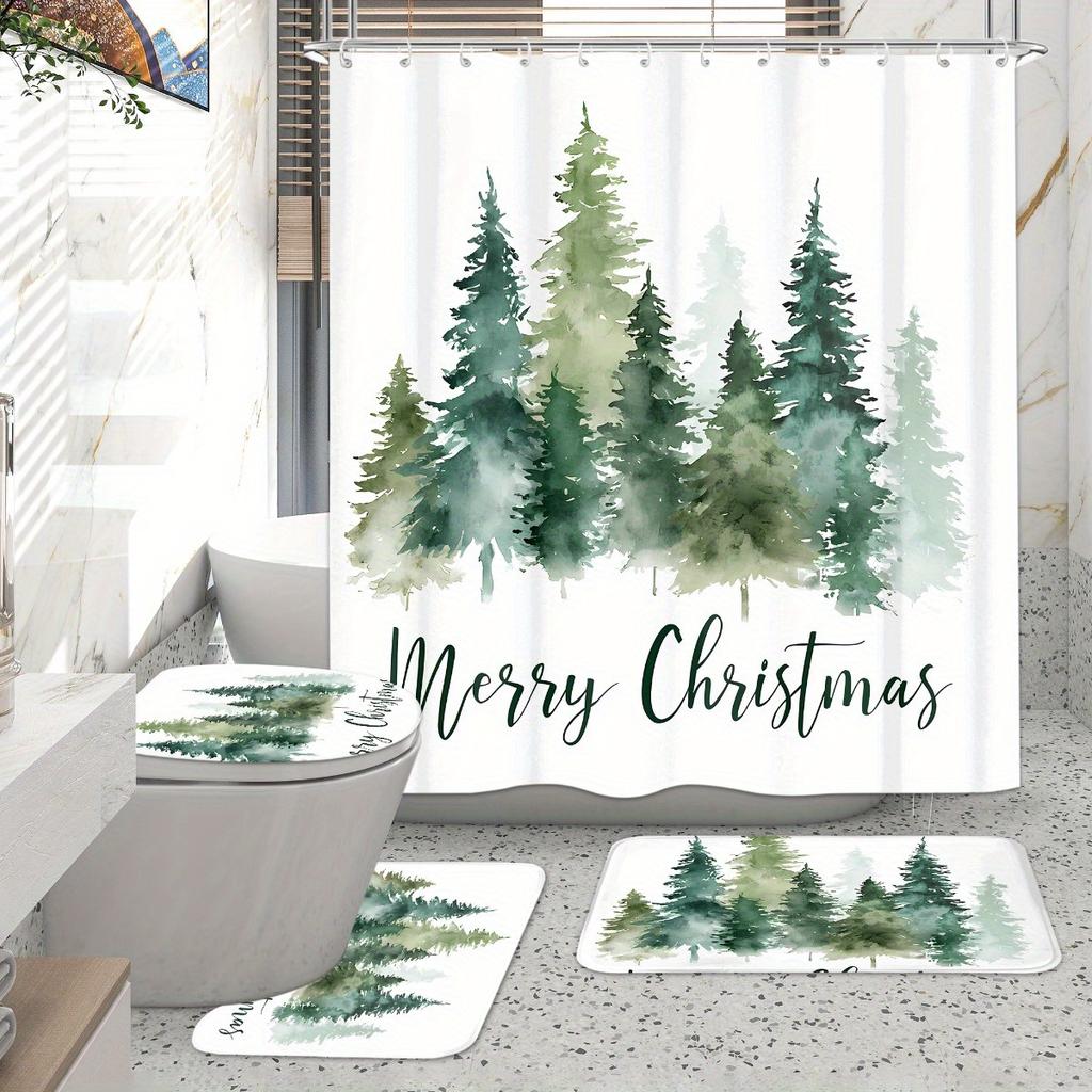 Набор из 4 предметов: Занавеска для душа для ванной комнаты с рисунком рождественских елок, Занавеска для ванной с 12 крючками, Нескользящие коврики, Коврик для крышки унитаза, Перегородка для ванной комнаты