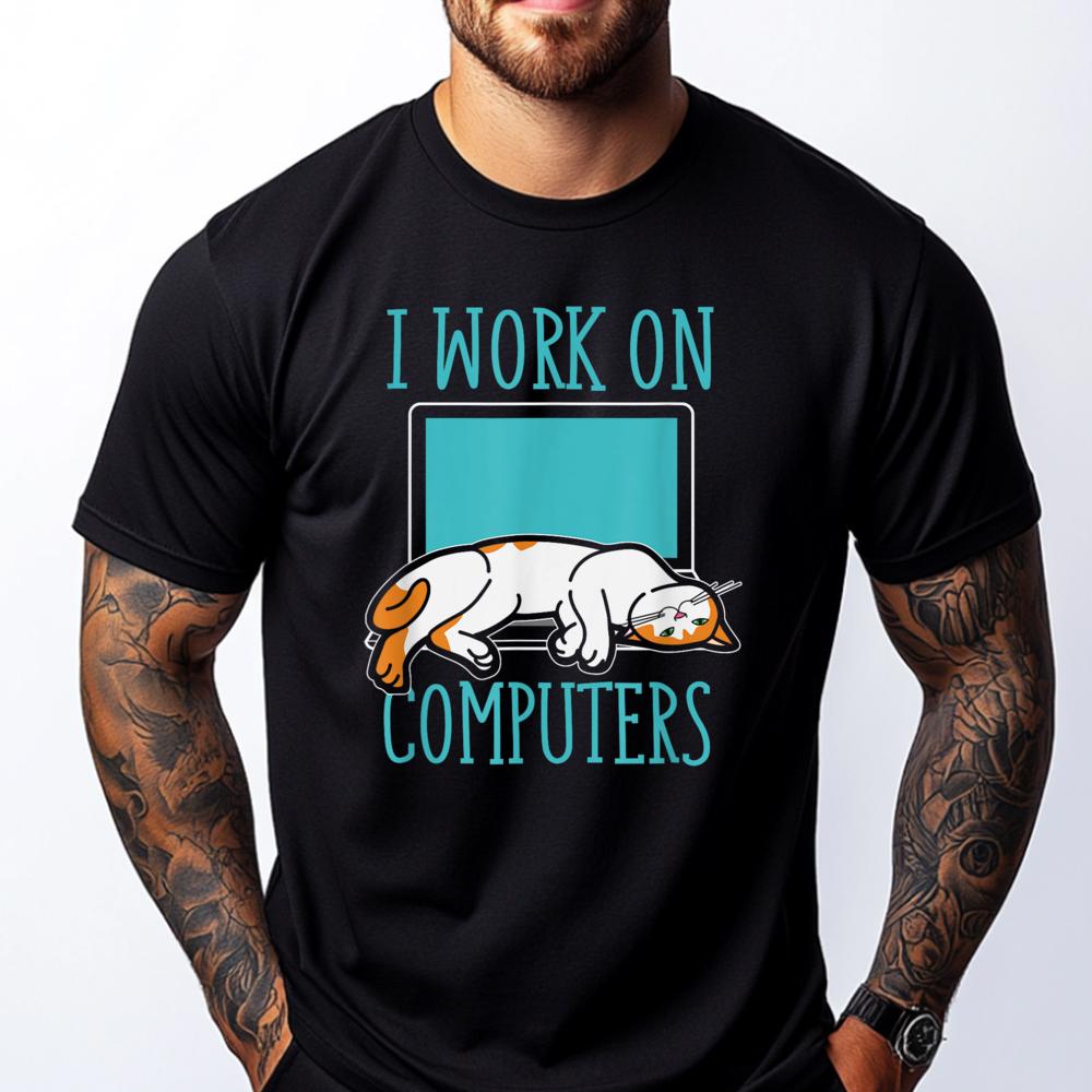 Funny Cats And Computers Laptop Tshirts For Pet Lovers Printed Tshirt New Year New Years Eve Camiseta