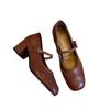 Lan Cabinet Edition~ Versatile One-word Button Light Heel Mary Jane Shoes Women's Retro Block Square Head Soft Leather Small Single Shoes