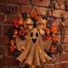 Autumn Thanksgiving Gift Ideas Rustic Halloween Ghost Wreath for Front Door, Farmhouse Burlap Hanging Artificial Maple Leaves Daisy Berry with Leaves,