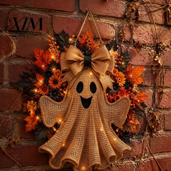 Autumn Thanksgiving Gift Ideas Rustic Halloween Ghost Wreath for Front Door, Farmhouse Burlap Hanging Artificial Maple Leaves Daisy Berry with Leaves,