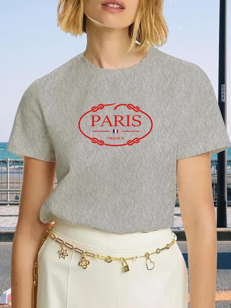 PARIS Print T-shirt, Short Sleeve Crew Neck Casual Top For Summer & Spring Women's Clothing