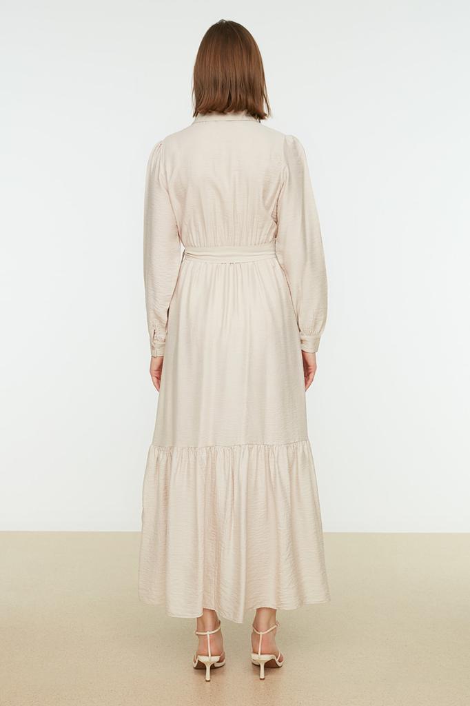 Women's Fashion New Hijab Dress Mink Belted Shoulder Detailed Skirt Flounced Woven Shirt Dress