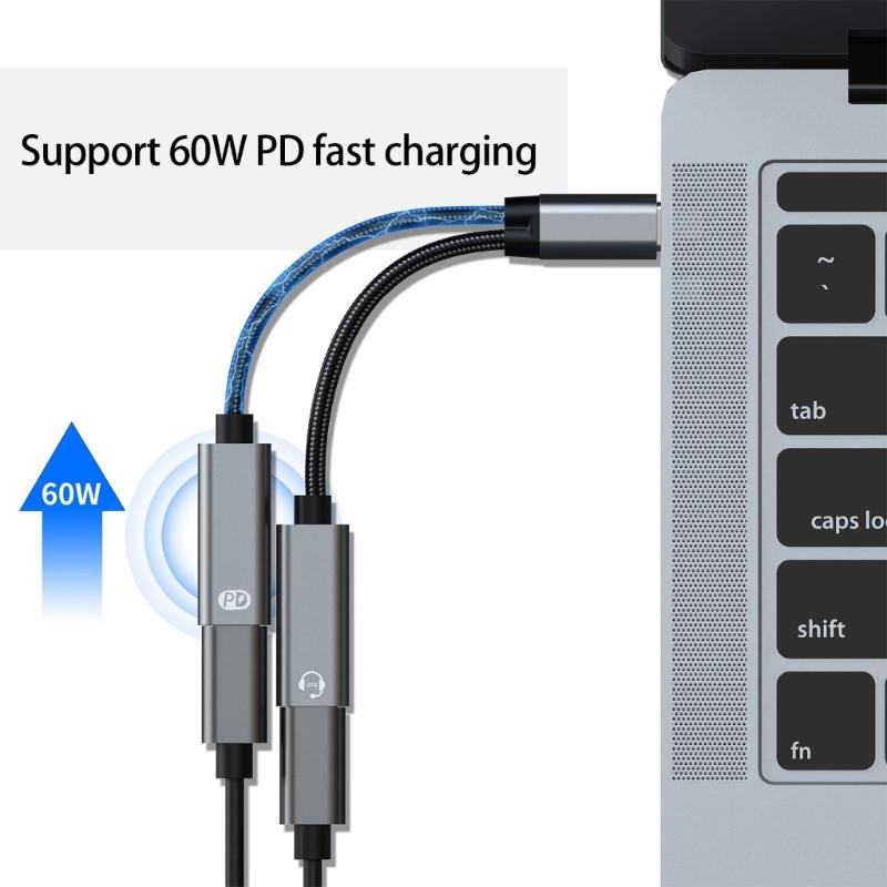 USB C разветвитель 1 в 2 выхода Двойной USB C Адаптер для зарядки наушников Type C Звуковой адаптер PD60W Кабель для быстрой зарядки