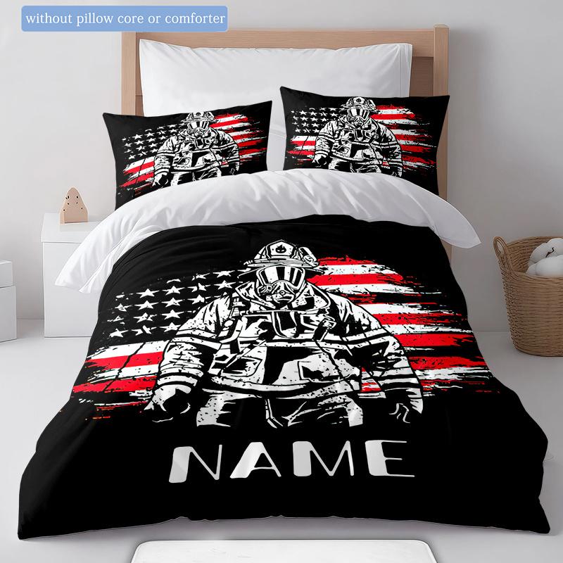 Firefightingpattern Customize Your Name Duvet Cover Soft Bedding Set For Bedroom Guest Room And Dorm Decoration Threepiece Set Includes 1 Duvet Cover