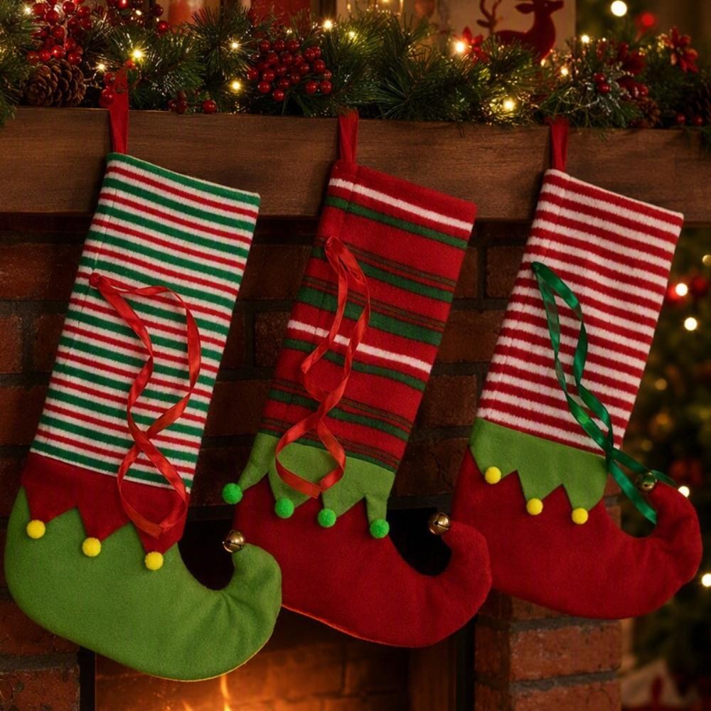 Stripe Christmas Elf Stocking Retro Xmas Tree Hanging Socks Christmas Stocking Gift Bag Mall