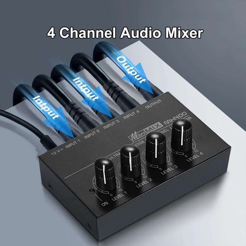 4-канальный линейный микшер Мини-микшер DC 12V Простое управление Аудиомикшер Сверхнизкий уровень шума 4 входа 1 выход с адаптером питания