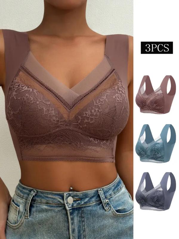 3pcs Contrast Lace Wireless Bras, Comfy & Breathable Push Up Bra, Women's Lingerie & Underwears